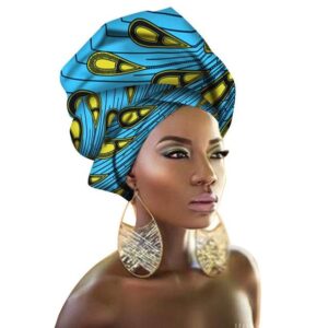 Turban Africain Bleu Jaune. Acheter vos vêtements africains en ligne sur Monde Africain.com .
